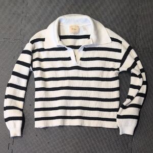 Elie Tahari Black and White Striped V-Neck Sweater
